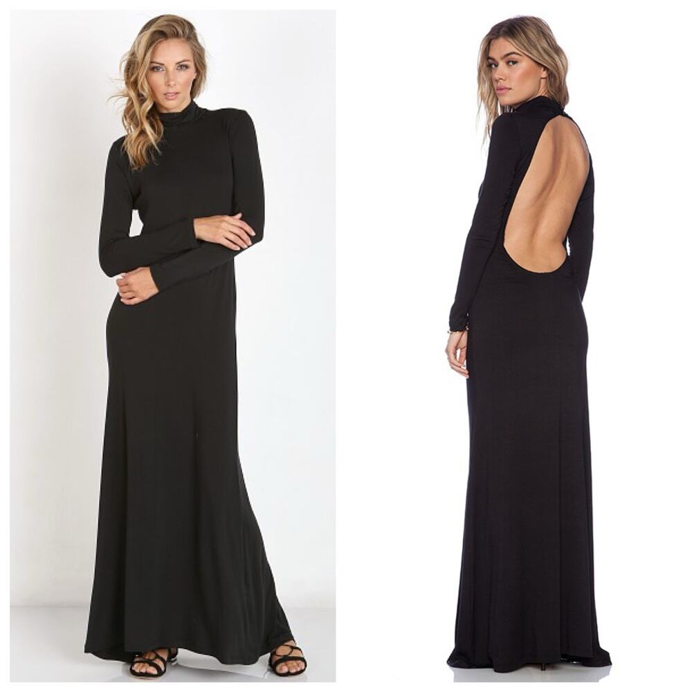 Novella Royale Blackbird Maxi Dress Black Size Medium Open Back Long Sleeve Sexy